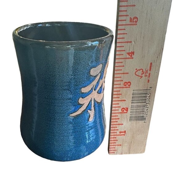 VTG Asian Cup Mug Stone Ware Clay Hand Painted Blue Characters Letters Design - Picture 8 of 8